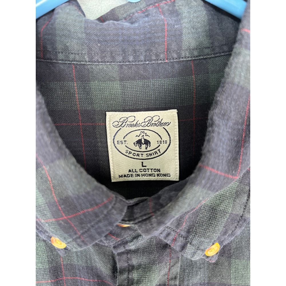 Brooks Brothers Mens Large Plaid Sport Shirt Navy Green Cotton Button Down L - Picture 3 of 7